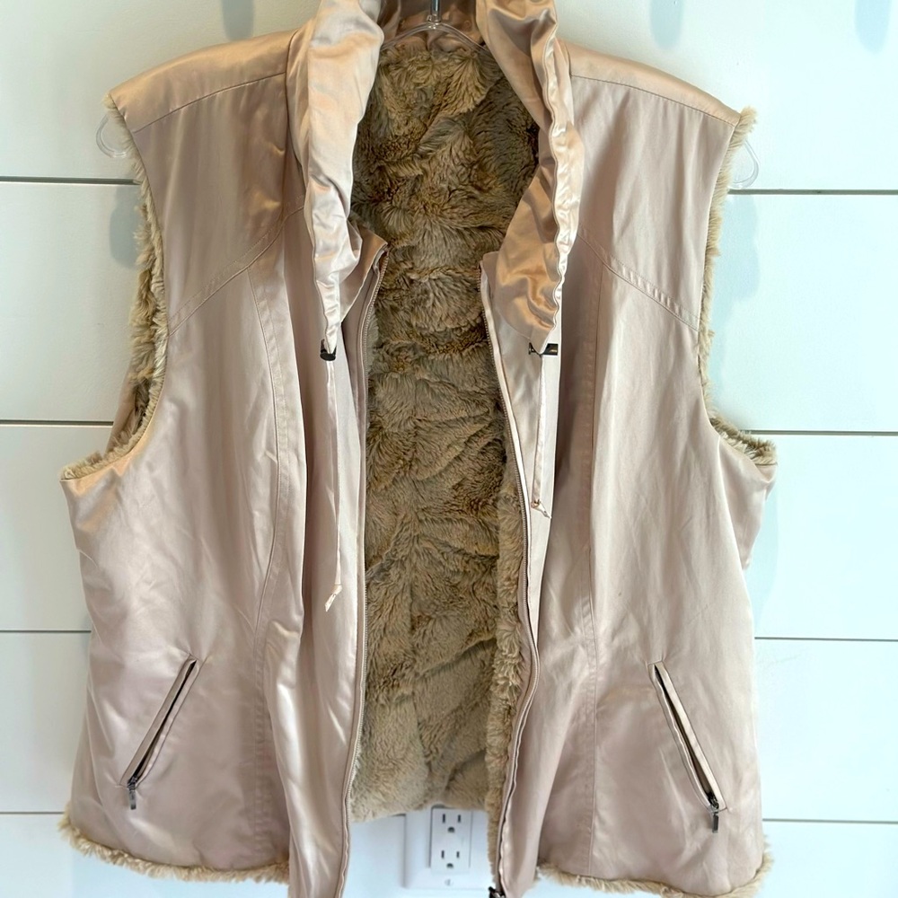CAbi Reversible Faux Fur & Satin Hooded Vest Beige - Picture 2 of 6